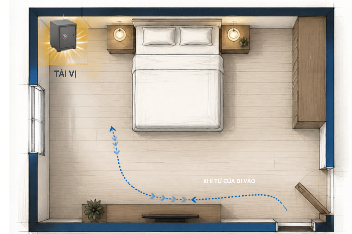 Khi cửa phòng nằm về bên tay phải, tài vị nằm ở góc chéo bên tay trái – tức là góc sâu trong phía bên trái phòng