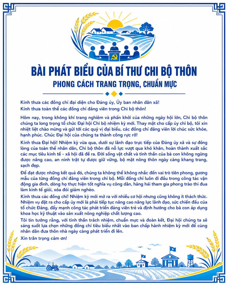 Mẫu bài phát biểu của bí thư chi bộ thôn phong cách trang trọng (Dành cho Đại hội Chi bộ nhiệm kỳ mới)