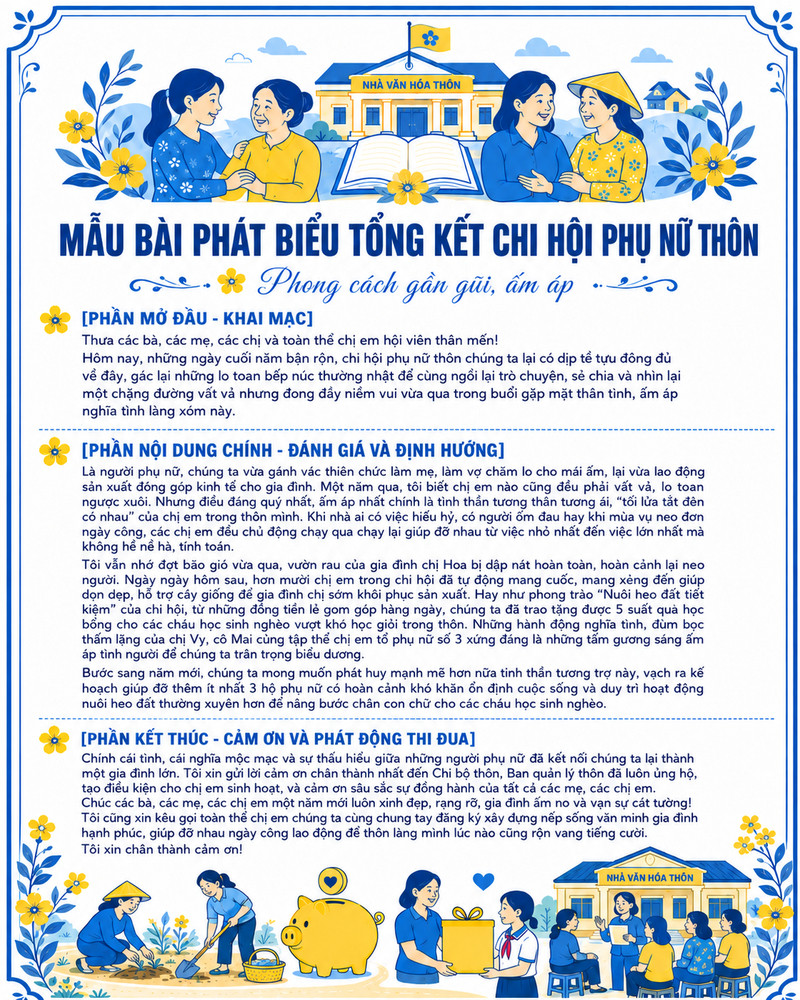 Mẫu bài phát biểu tổng kết chi hội phụ nữ thôn phong cách gần gũi, ấm áp