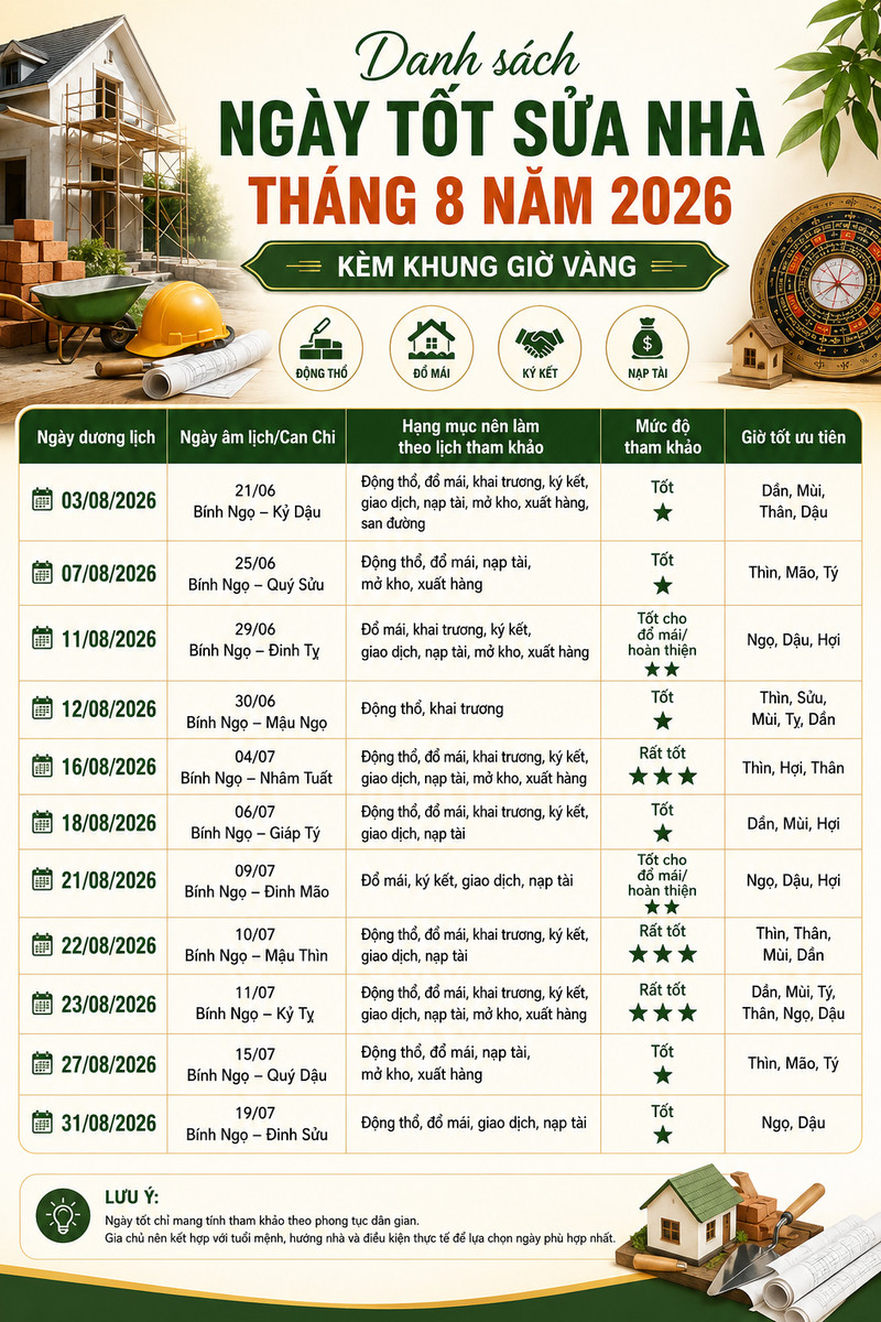 Ngày tốt sửa nhà tháng 8 năm 2026 kèm giờ theo lịch Cát Tường - hình minh hoạ 1