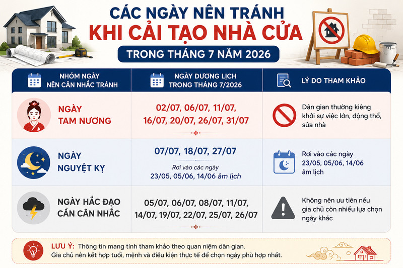 Các ngày nên tránh khi sửa nhà tháng 7 năm 2026