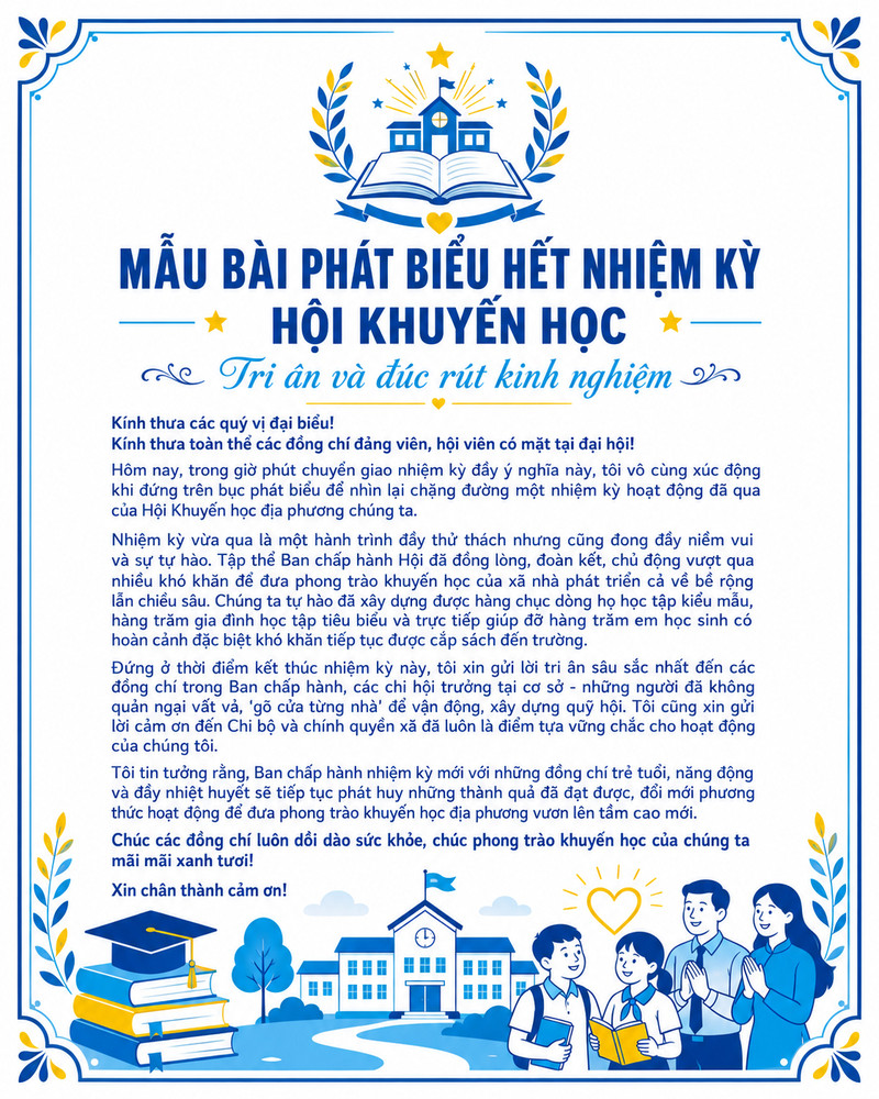 Mẫu bài phát biểu hết nhiệm kỳ của hội khuyến học tri ân và đúc rút kinh nghiệm