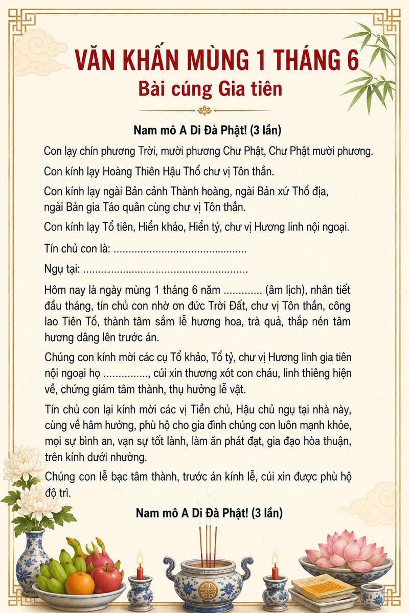 4 mẫu văn khấn mùng 1 tháng 6 thần linh, Thần Tài, gia tiên - hình minh hoạ 2