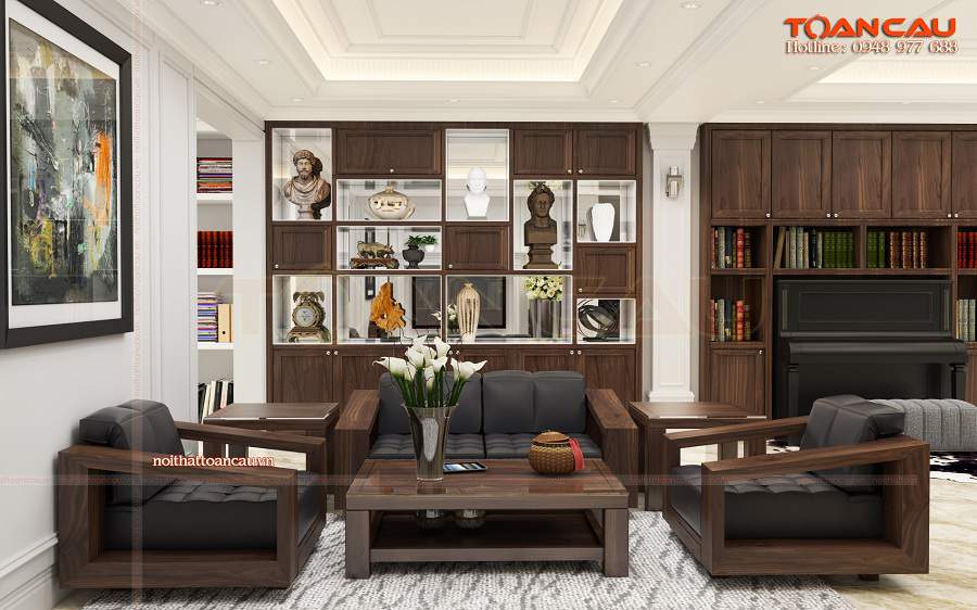 Thiết kế phòng khách đơn giản bằng gỗ óc chó 
