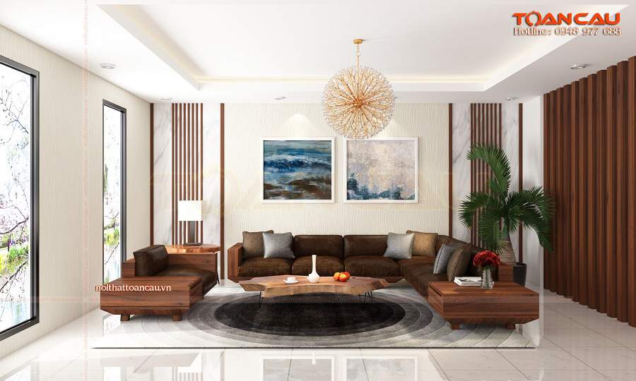 Mẫu thiết kế phòng khách đẹp bằng gỗ óc chó tại Bình Phước rất sang