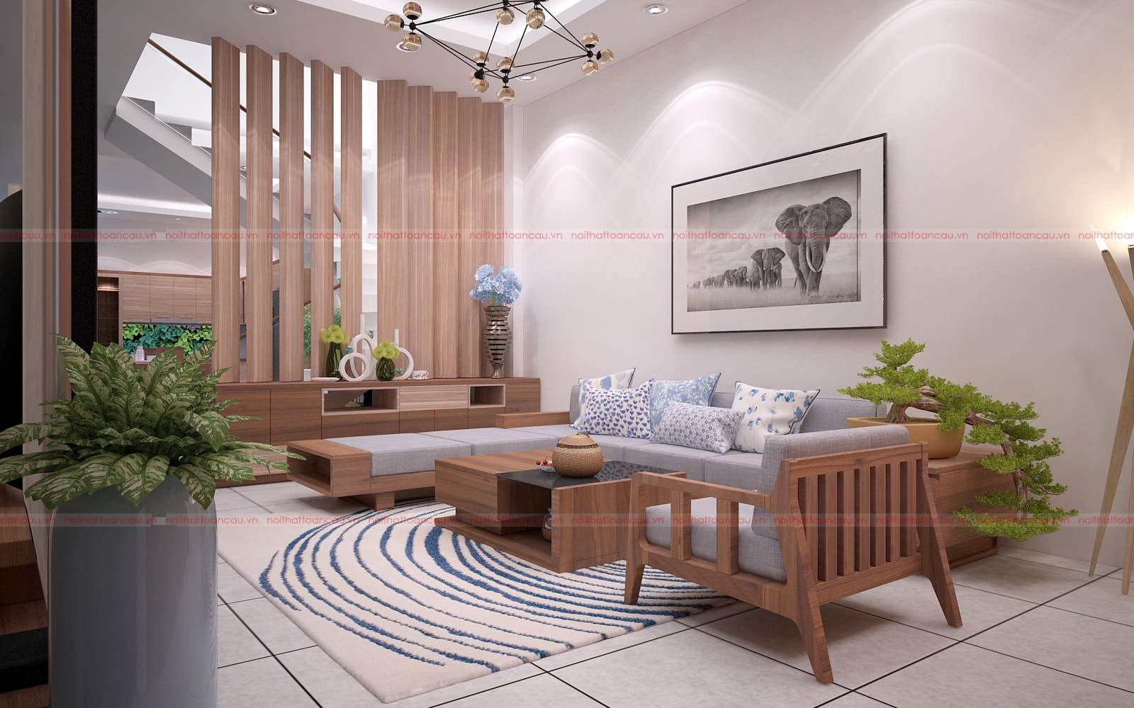 Mẫu thiết kế phòng khách đẹp bằng gỗ óc chó tại Hà Nam đẹp và sang