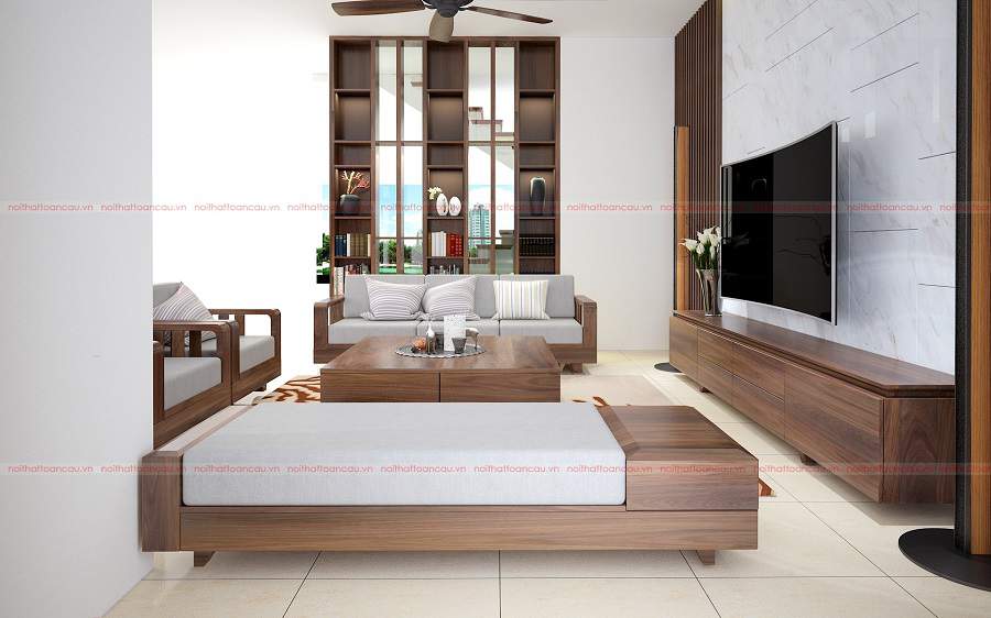 Mẫu thiết kế phòng khách đẹp bằng gỗ óc chó tại Hà Nam đẹp cho mọi nhà