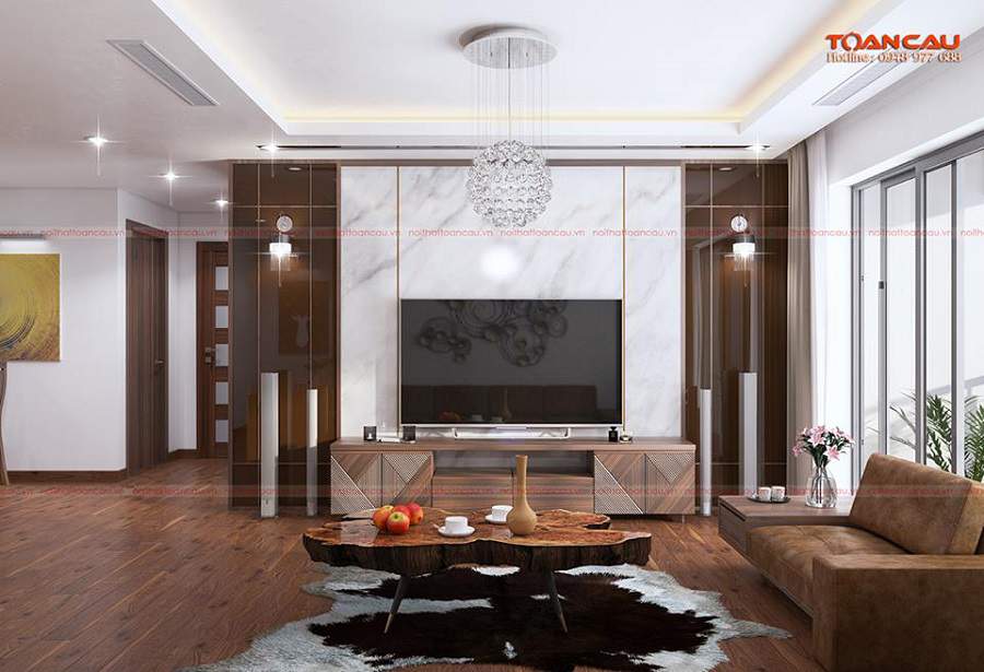Mẫu thiết kế phòng khách đẹp bằng gỗ óc chó tại Hà Nam đẹp 