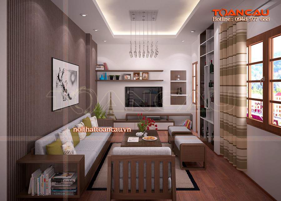 Phòng khách gỗ óc chó cho căn hộ chung cư