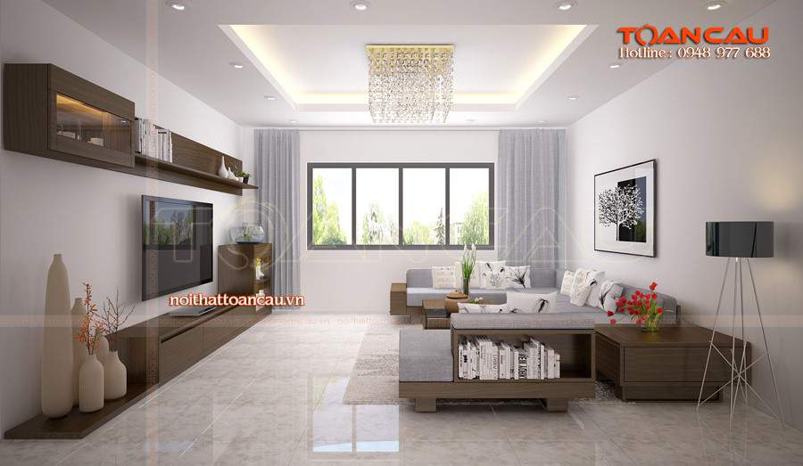 Phòng khách gỗ óc chó tự nhiên
