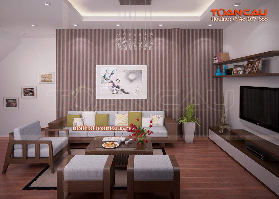 Thiết kế nội thất phòng khách gỗ óc chó