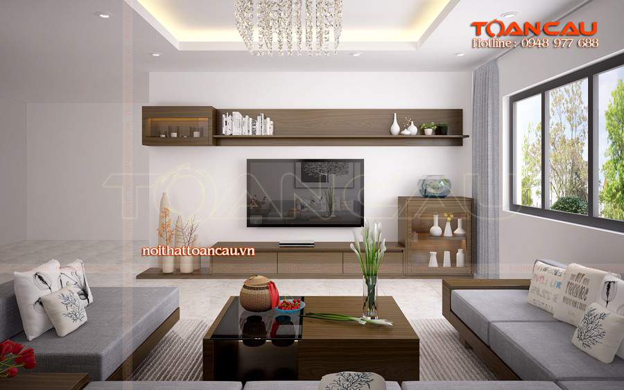 Mẫu thiết kế phòng khách đẹp bằng gỗ óc chó tại Ninh Bình