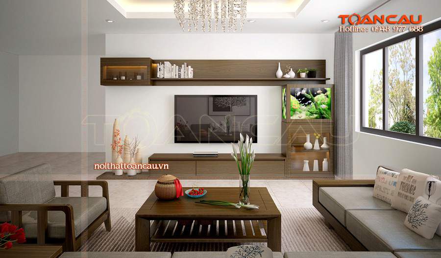 Thiết kế nội thất phòng khách bằng gỗ óc chó