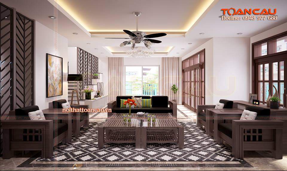 Thiết kế phòng khách đơn giản bằng gỗ óc chó 