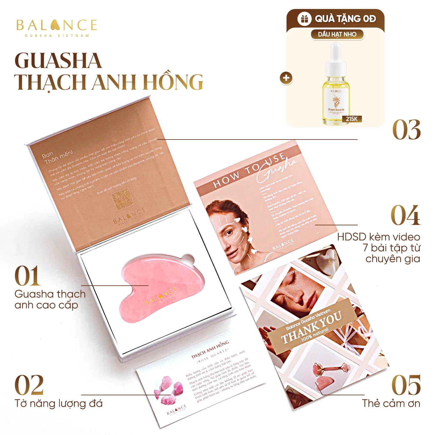 Đá Guasha Massage Mặt BALANCE Thạch Anh Hồng Nam Phi Cao Cấp, Nâng Cơ Mặt, Trẻ Hóa Làn Da, Đạt Kiểm Định / TẶNG OIL /
