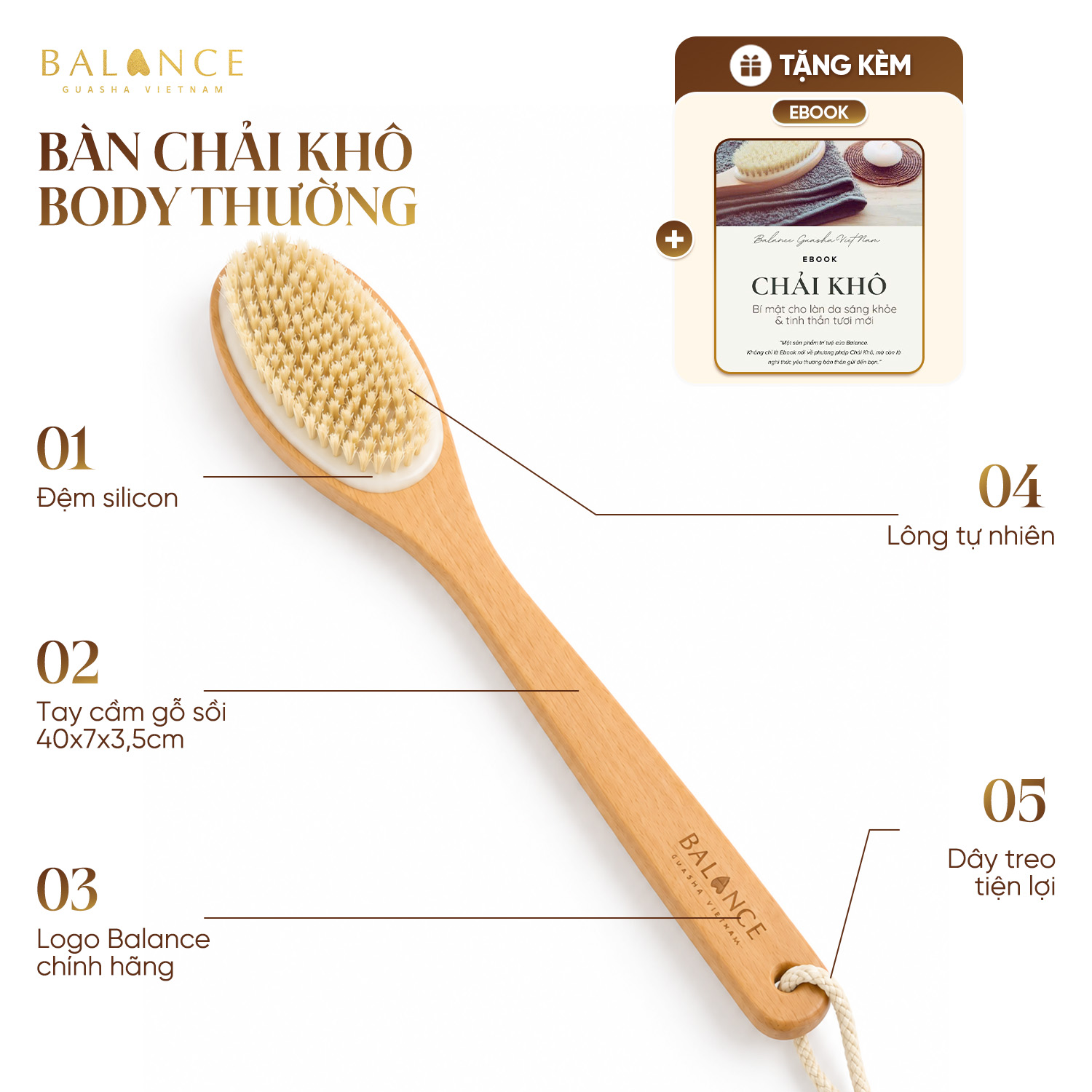 Bàn Chải Khô Body cho da thường BALANCE Tay Cầm Gỗ Sồi, Lông Tự Nhiên Giúp Tẩy Da Chết Sáng Mịn Da