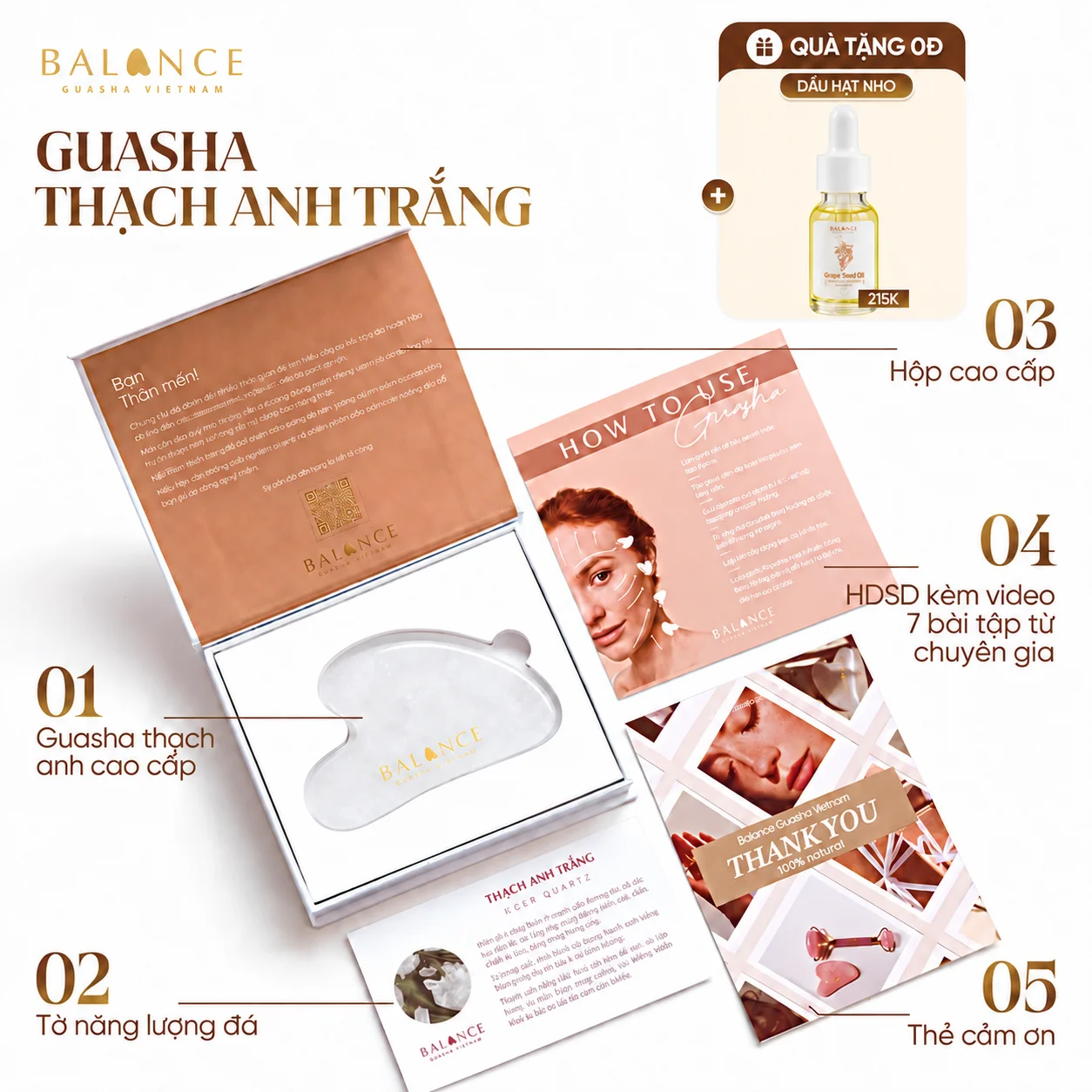 Đá Massage Guasha Thạch Anh Trắng Nam Phi Balance cao cấp, tuổi đá cao, đạt Kiểm Định, Nâng Cơ, Thon Gọn / TẶNG OIL /