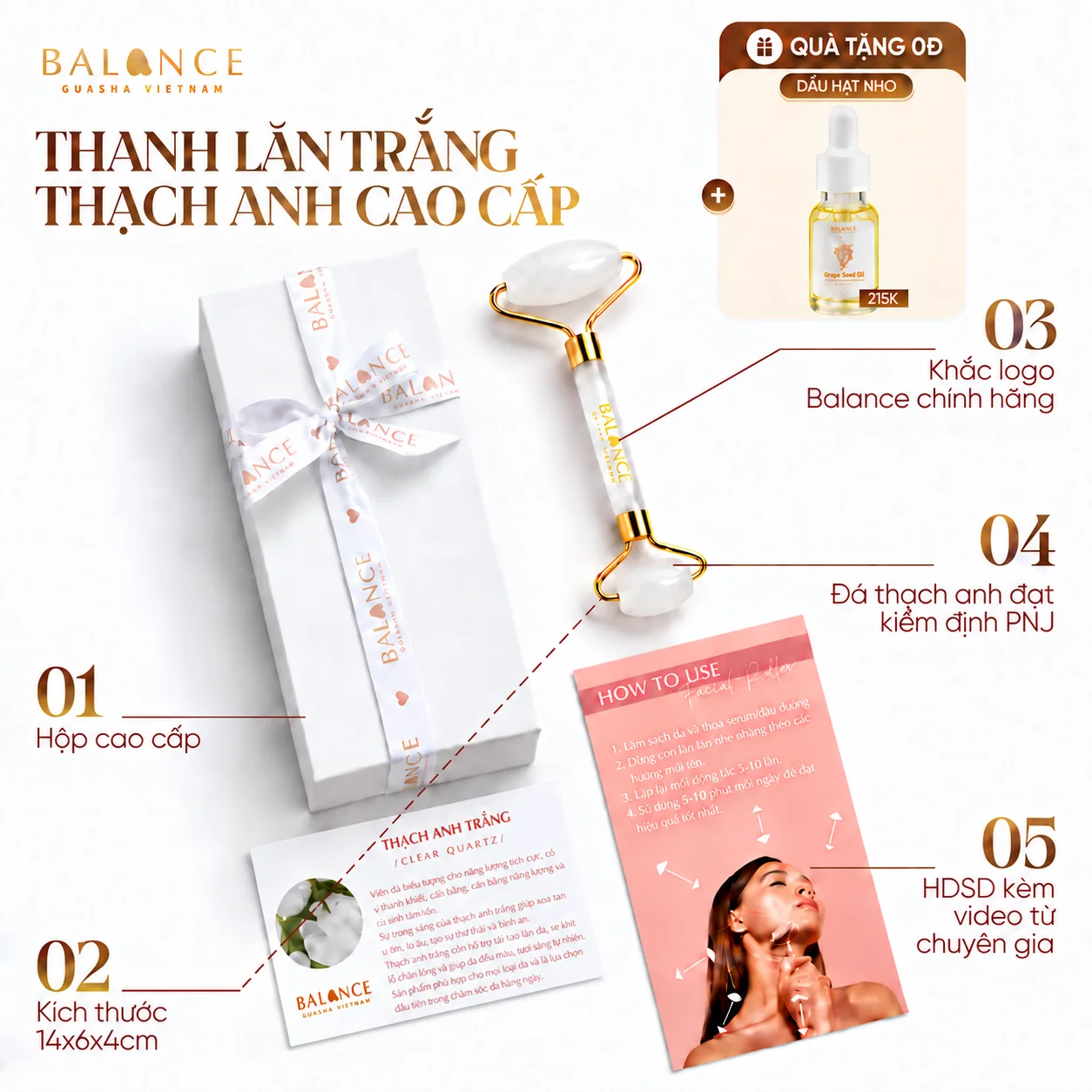 Thanh Lăn Thạch Anh Trắng Massage Mặt Cao Cấp đạt Kiểm Định PNJ - Nâng Cơ - Trẻ Hoá - Thon Gọn / TẶNG OIL /