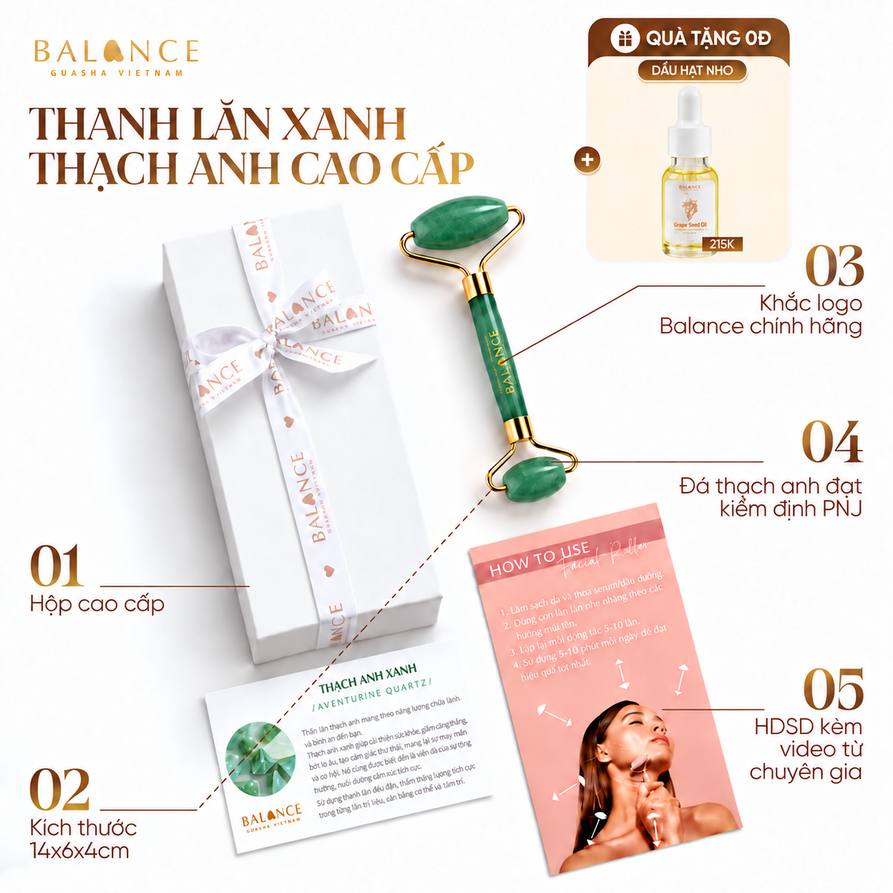 Bộ Thanh Lăn Massage BALANCE Thạch Anh Xanh Nam Phi Cao Cấp, Tuổi Đá Cao, Đạt Kiểm Định - Nâng Cơ - Trẻ Hoá [ TẶNG OIL ]