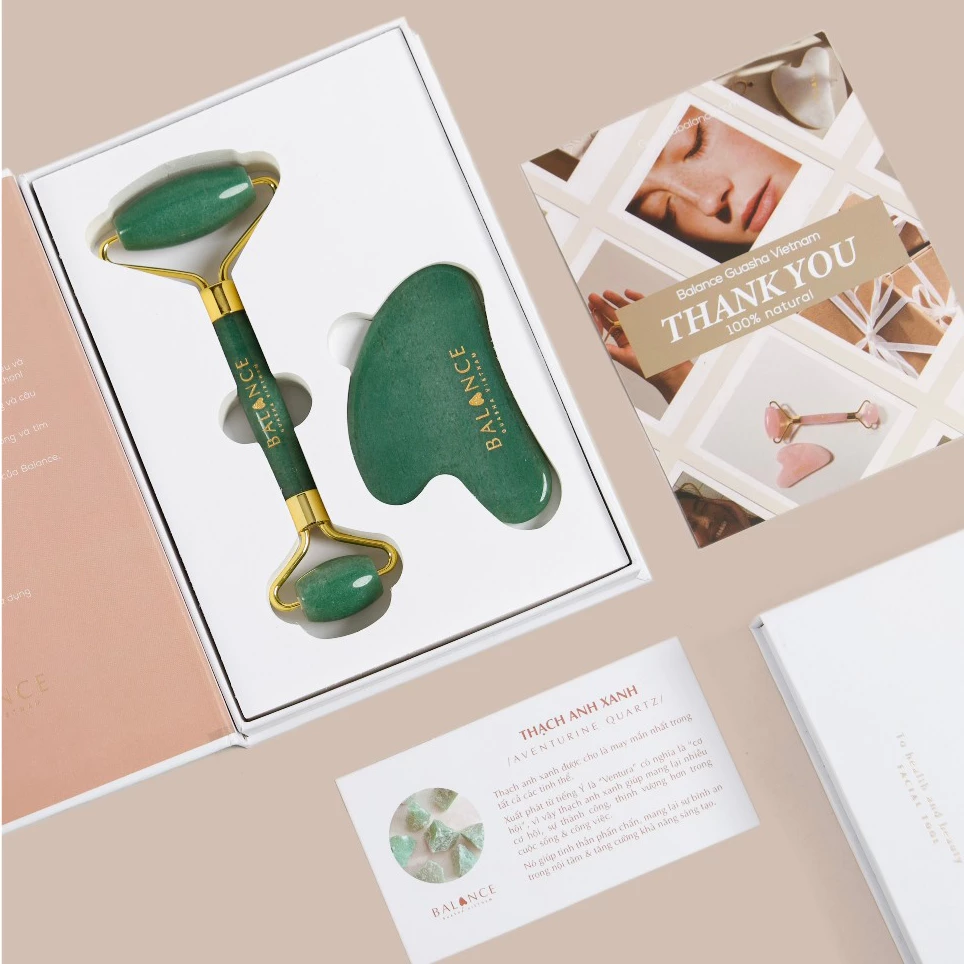 Bộ Thanh Lăn Massage BALANCE Thạch Anh Xanh Nam Phi Cao Cấp, Tuổi Đá Cao, Đạt Kiểm Định - Nâng Cơ - Trẻ Hoá [ TẶNG OIL ] COMBO CHỌN LỌC