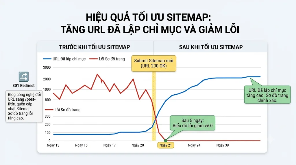 Biểu đồ Search Console trước và sau khi tối ưu sitemap