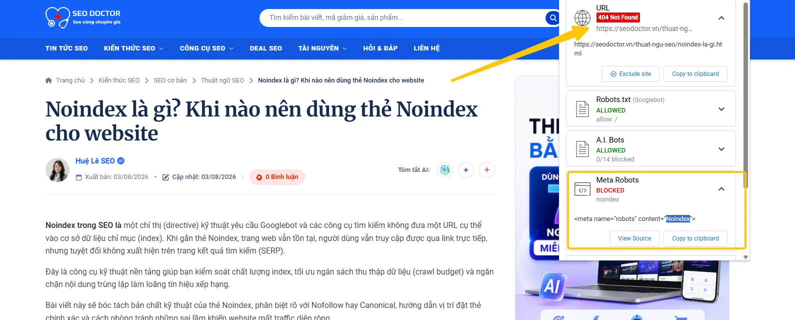 Ví dụ về Page thể hiện Noindex