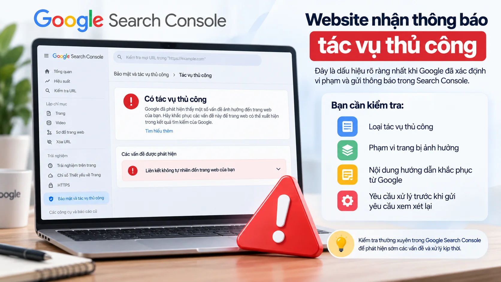 Minh họa cho Google xác định vi phạm và gửi thông báo trong Search Console
