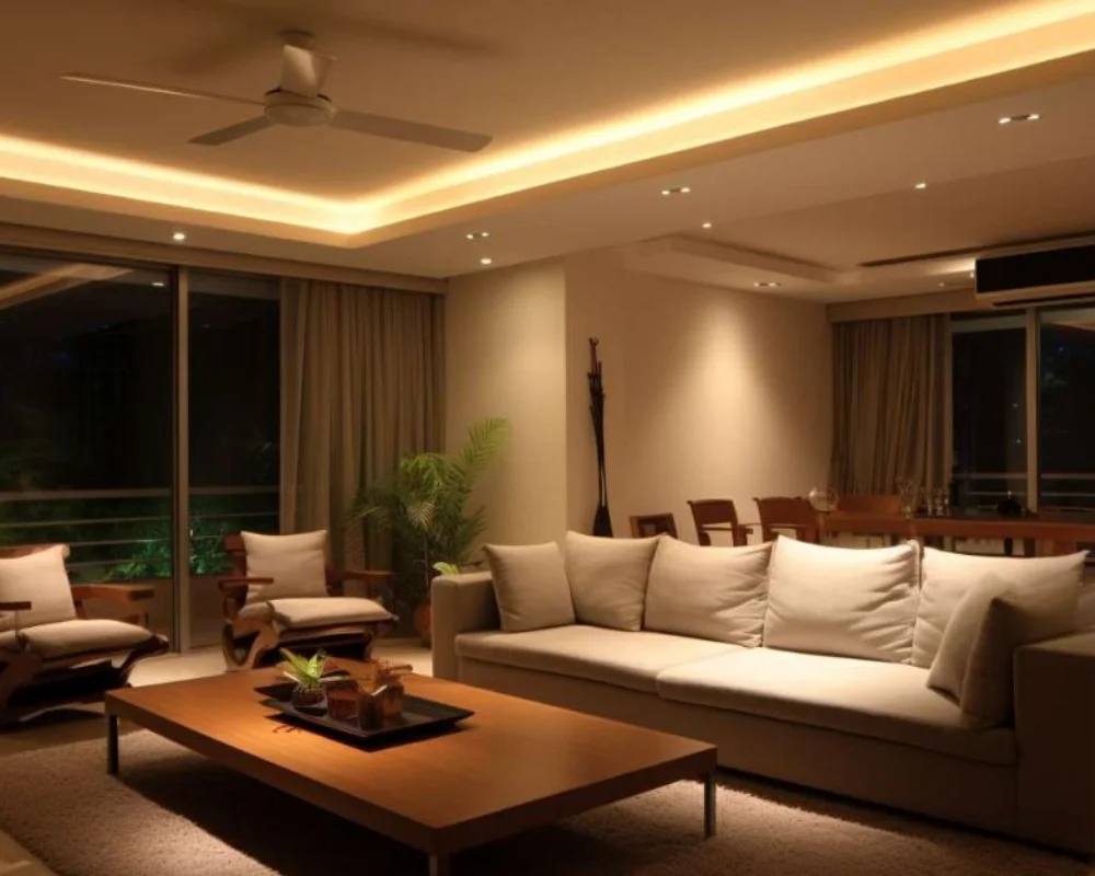Phân bổ ánh sáng quanh khu vực bàn trà và ghế sofa