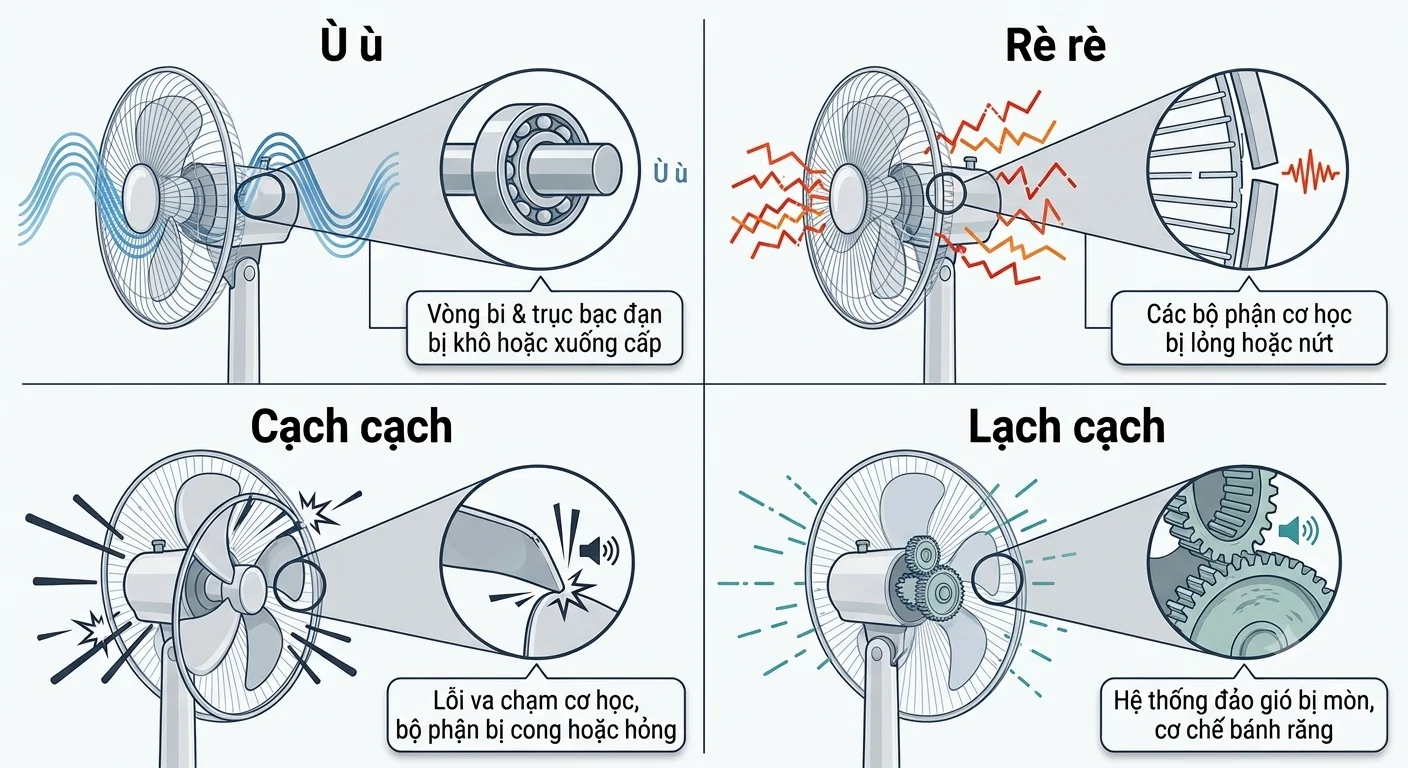 Các loại tiếng kêu bất thường của quạt điện