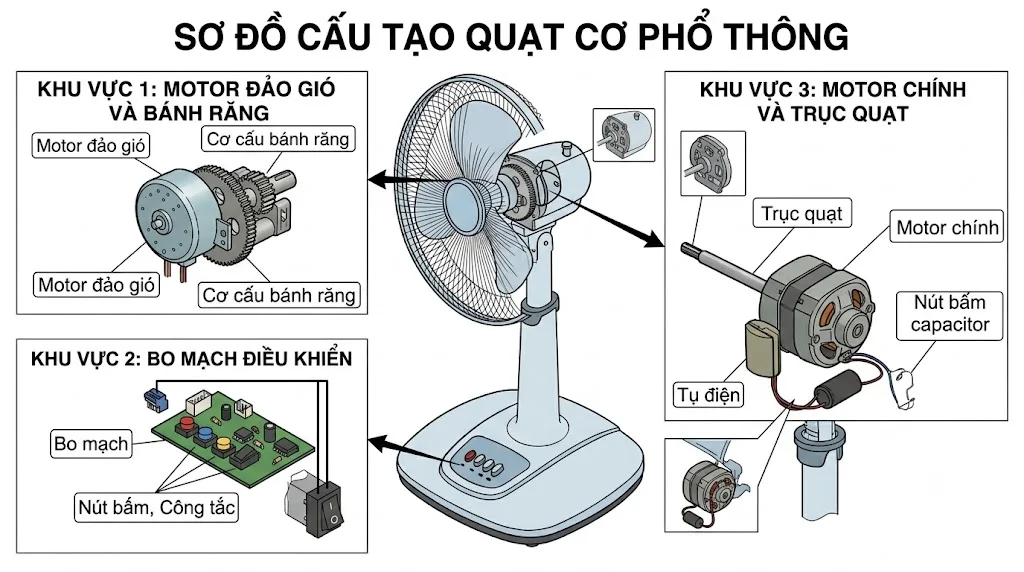 Các bộ phận liên quan đến chức năng đảo gió của quạt