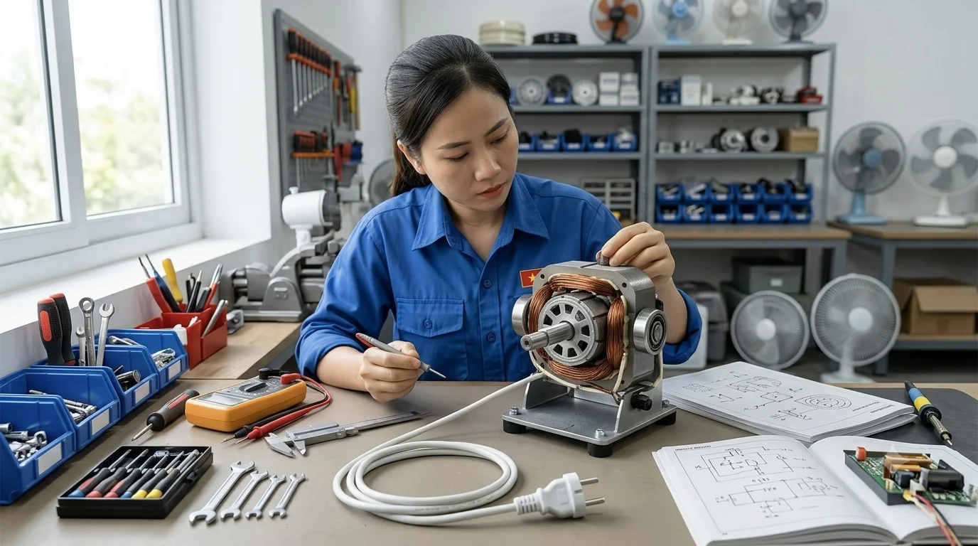 Kỹ thuật viên kiểm tra motor quạt điện tại bàn sửa chữa