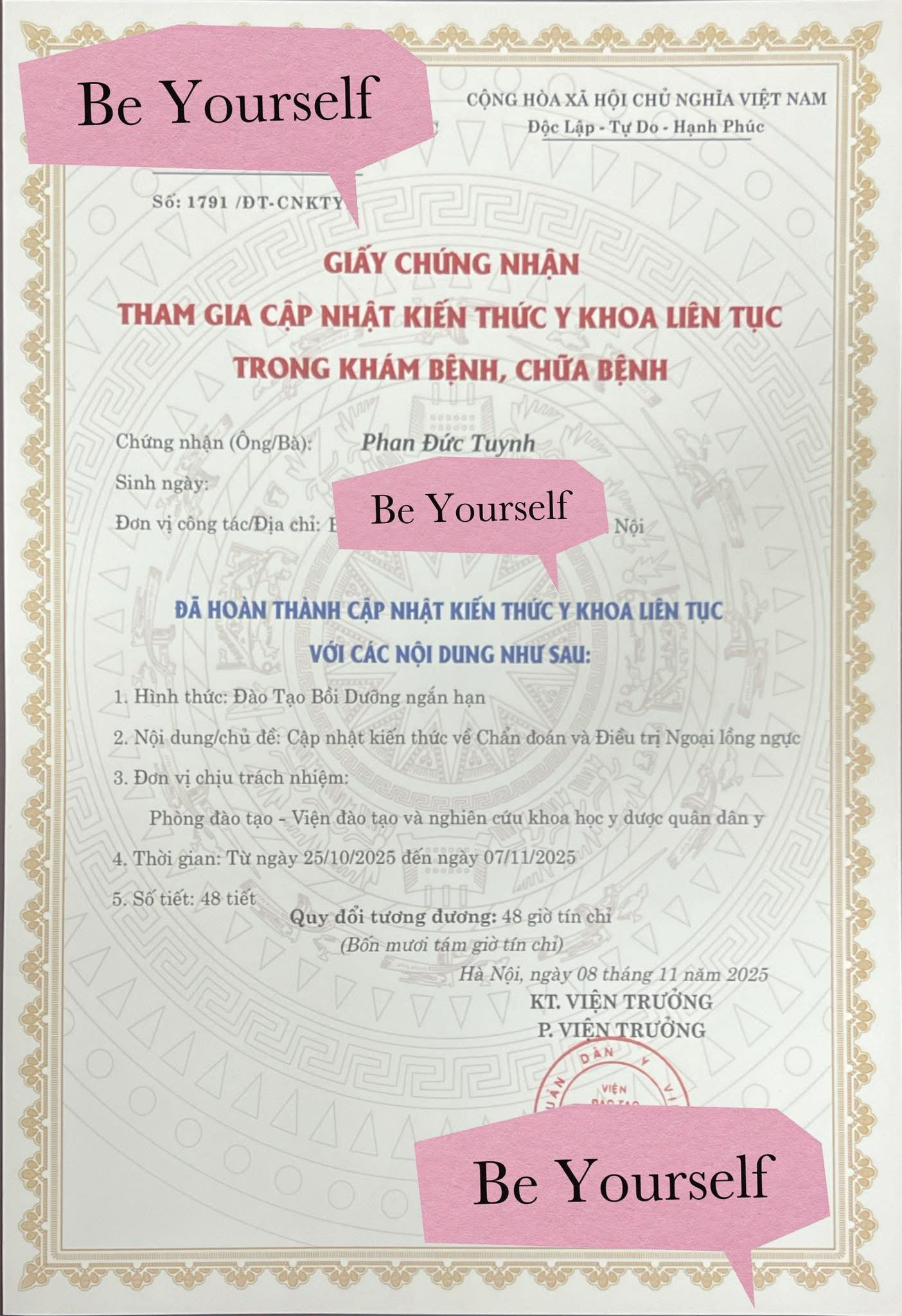 Bác sĩ Tuynh học CME phẫu thuật lồng ngực 2025