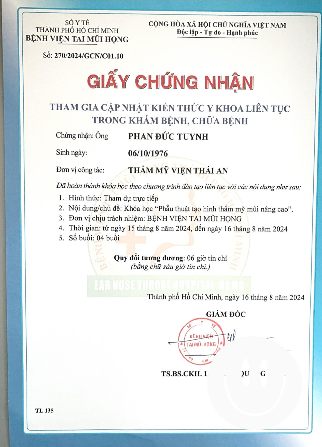 Đào tạo thường xuyên nâng mũi cấu trúc tại Bệnh Viện Tai Mũi Họng TPHCM (Bs Tuynh 2024)