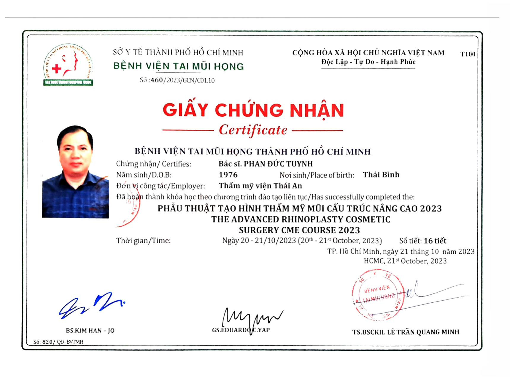Bs Tuynh tham gia đào tạo nâng mũi cấu trúc nâng cao