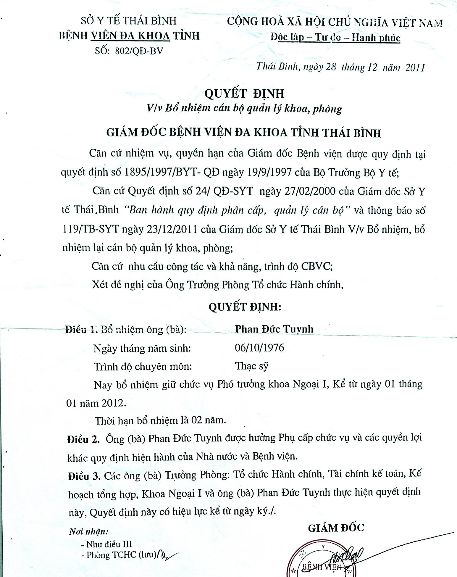Bs Tuynh phó trưởng khoa ngoại I (BVĐKK TB 2012)
