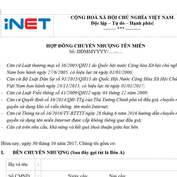 Mẫu hợp đồng chuyển nhượng tên miền (.Doc)