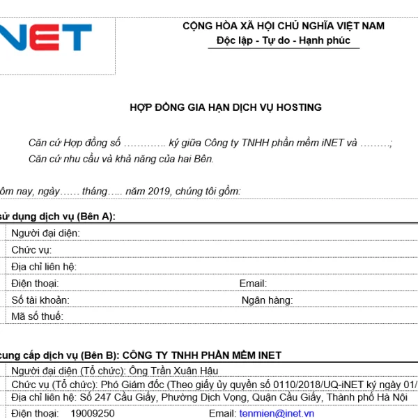 Tải mẫu hợp đồng gia hạn dịch vụ Hosting (. Doc)