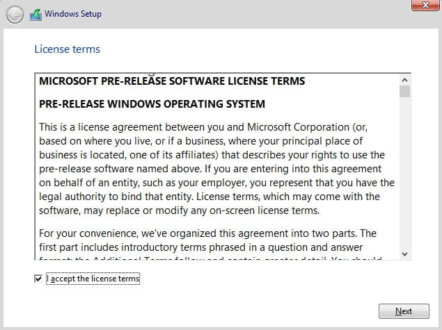 Click I accept the license terms