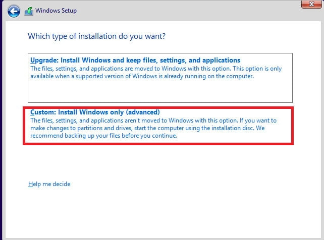 Click Install windows only (advanced)