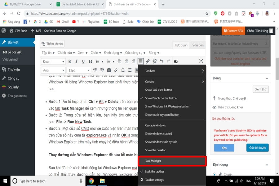 Click chọn Task Manager