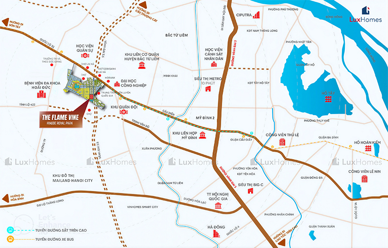Bản đồ bán kính di chuyển từ The Flame Vine: kết nối Mỹ Đình trong 8-10 phút qua Trịnh Văn Bô, Đại lộ Thăng Long trong 10-12 phút qua Vành đai 3.5 và Cầu Giấy trong 15-18 phút.