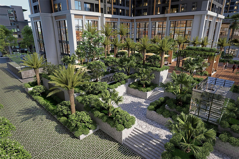 Cảnh quan nội khu dự án The Flame Vine với hệ thống cây xanh, lối dạo bộ tầng thấp được thiết kế theo phong cách nghỉ dưỡng Singapore