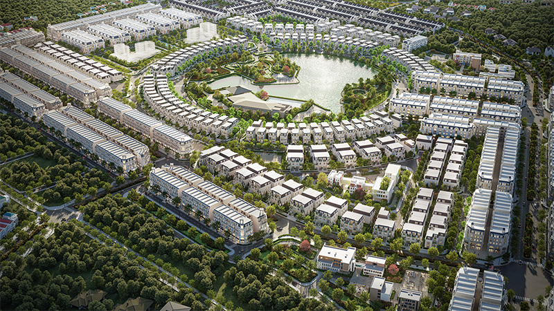 Toàn cảnh không gian xanh và hồ điều hòa trung tâm tại Hinode Royal Park, hệ tiện ích chung đẳng cấp dành cho cả cư dân The Flame Vine và The Wisteria.