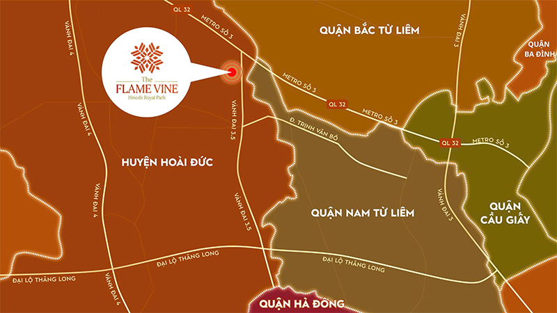 Sơ đồ vị trí chung cư The Flame Vine tại tâm điểm hạ tầng phía Tây Hà Nội, kết nối trực tiếp Vành đai 3.5, trục Trịnh Văn Bô đi Mỹ Đình