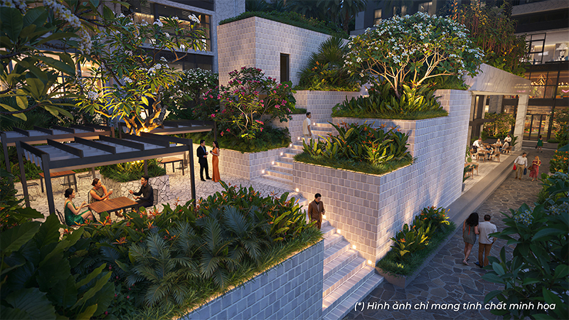 Tiện ích cafe ngoài trời tại nội khu dự án The Flame Vine, nơi cư dân gặp gỡ, trò chuyện và thư giãn trong bầu không khí thoáng đãng và cảnh quan xanh mát.