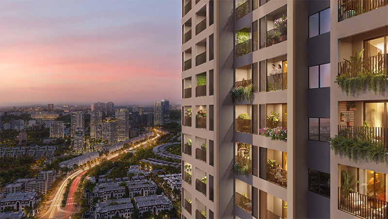 Phối cảnh góc làm việc yên tĩnh và ban công thoáng đãng trong căn hộ 1 phòng ngủ The Flame Vine, không gian sống lý tưởng cho người độc thân thành đạt và các cặp đôi trẻ.