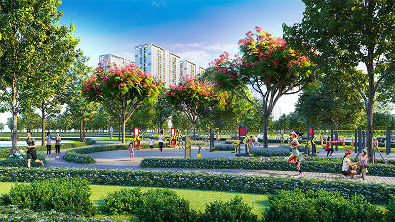 Khu vui chơi trẻ em rộng 2.000m2 và hệ thống sân tập thể thao đa năng tại Hinode Royal Park, không gian vận động lý tưởng cho mọi lứa tuổi.