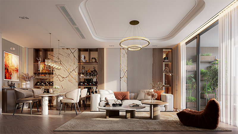 Phối cảnh căn hộ 2 phòng ngủ The Flame Vine với thiết kế logia kép thông thoáng, chiều sâu ban công lý tưởng tạo không gian hít thở và giá trị sống bền vững cho gia đình 3-4 thành viên.