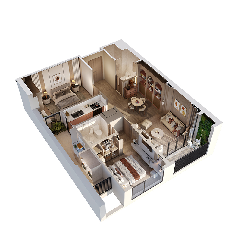 Phối cảnh 3D mặt bằng căn hộ 2 phòng ngủ The Flame Vine diện tích từ 72,6m2 đến 77,2m2, minh họa thiết kế không gian hít thở với các phòng chức năng bố trí khoa học