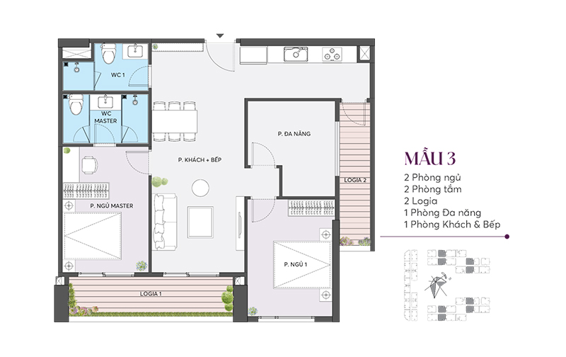 phối cảnh 3D căn hộ 3 phòng ngủ The Flame Vine, minh họa cách bố trí 119m2 tối ưu cho gia đình đa thế hệ với không gian sinh hoạt chung rộng rãi và các phòng ngủ tách biệt